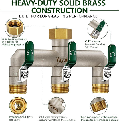 Garden Hose Splitter 3-Way, Heavy Duty Brass Hose Splitter | Outdoor Water Spigot Splitter, Full Flow, Long Handles, Shut-off Valves, Wide Spacing Fit Large Timer