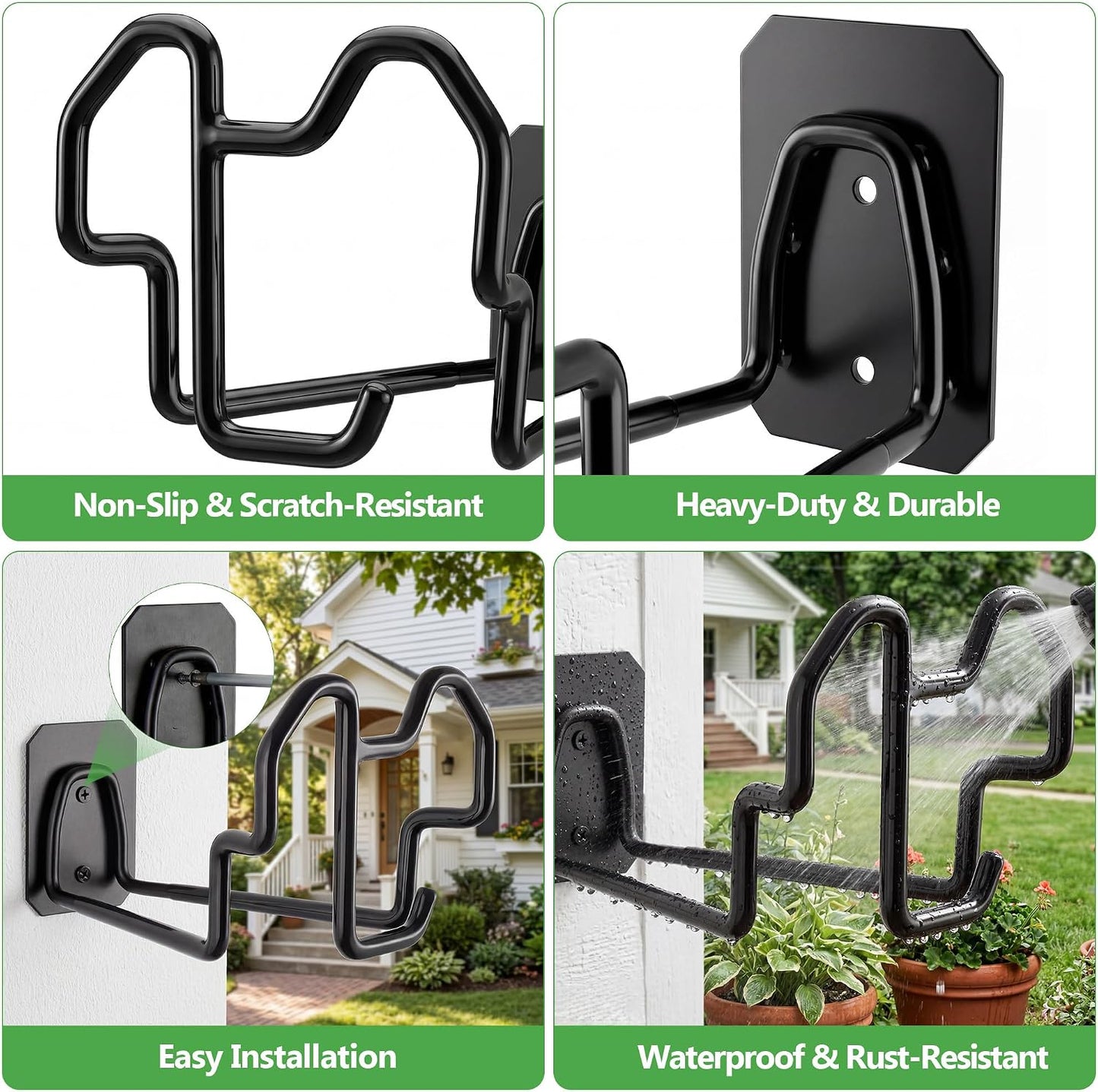 Heavy Duty Garden Hose Holder Wall Mount - Gloss Black Rust-Resistant Metal Hanger with Nozzle Slot, PVC Coated for Indoor/Outdoor Use