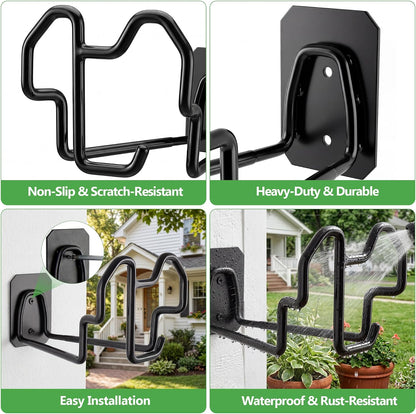 Heavy Duty Garden Hose Holder Wall Mount - Gloss Black Rust-Resistant Metal Hanger with Nozzle Slot, PVC Coated for Indoor/Outdoor Use
