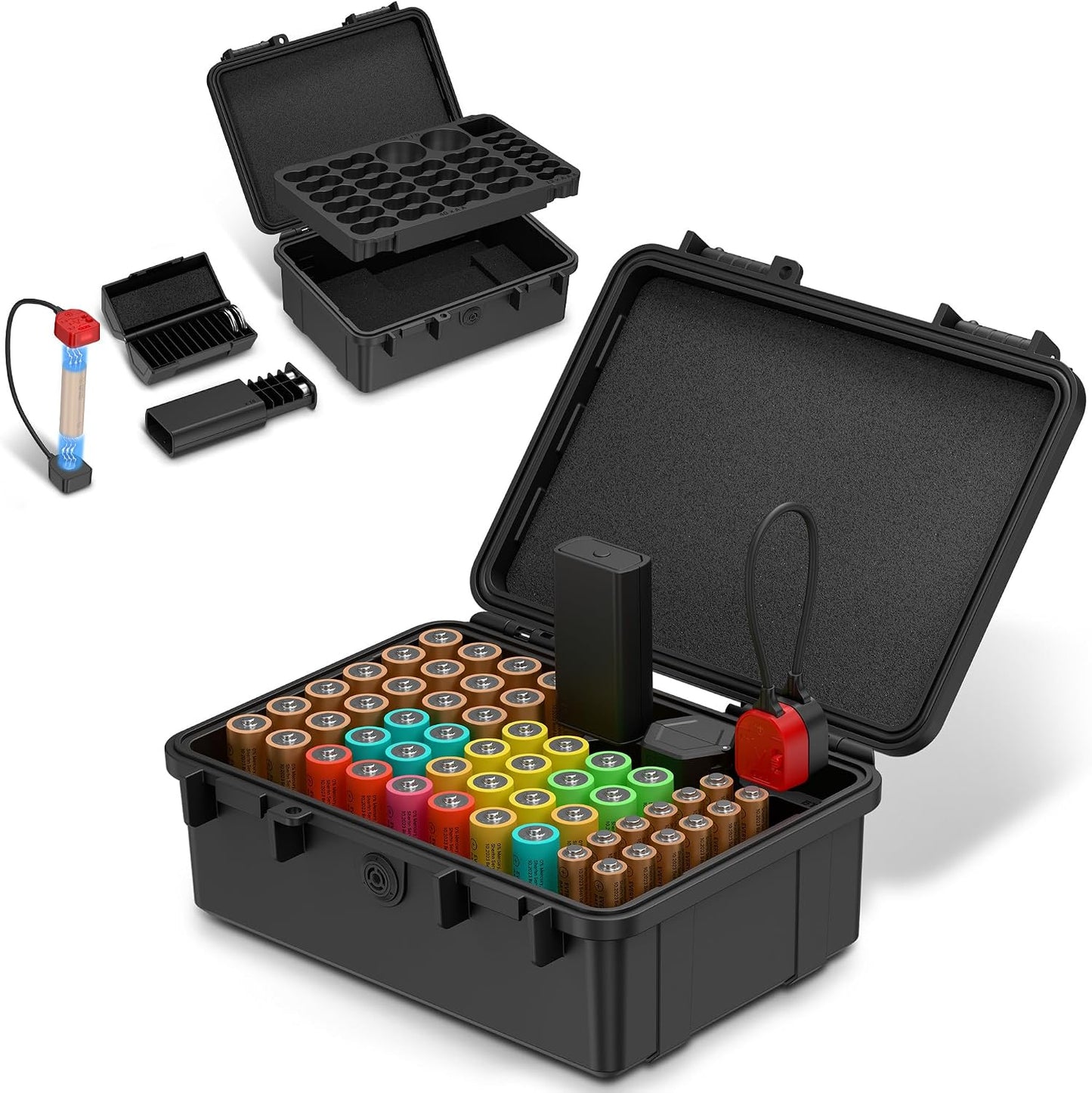 Hard Shell Battery Organizer Holder with Small Battery Tester, IP68 Waterproof Multi 82 Slots Batteries Vault Case for 40 AA & 12 AAA & 12 CR2032 CR2025 & 18 LR44 Button Cell/2 D Size Batteries Case