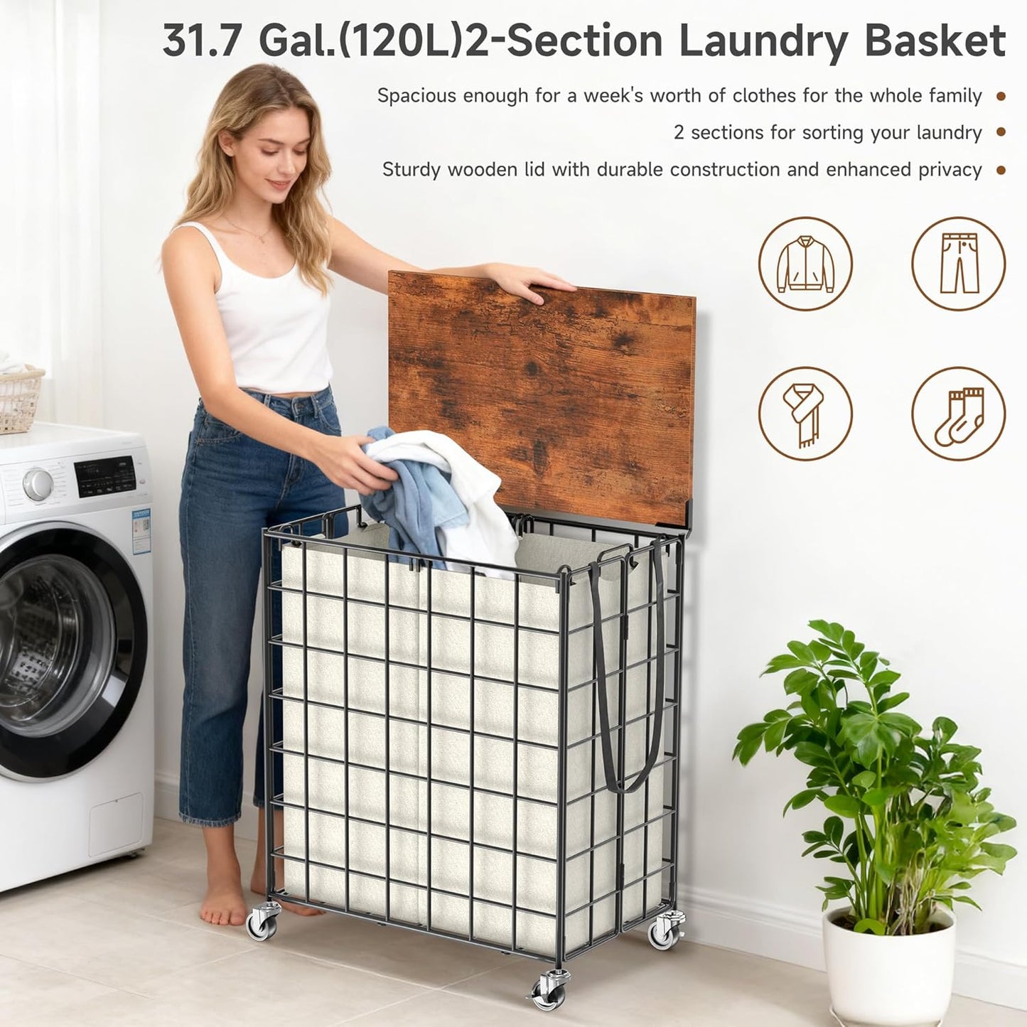Laundry Basket with Wheels, Heavy Duty Laundry Sorter 2 Sections, 120L (32Gal.) Large Capacity Laundry Hamper with Wood Lid, 360 Rolling Wheels, Extra Side Pocket, Leather Pull Handle, Beige