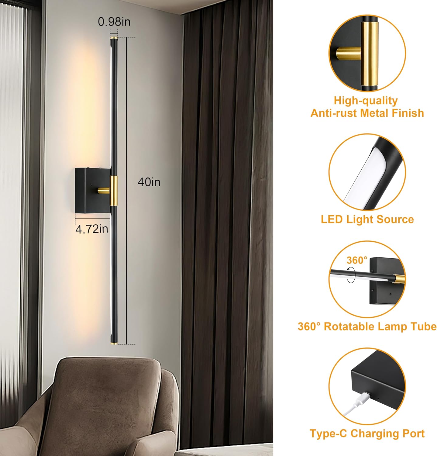 Morauroral Battery Operated Wall Sconces Set of 2, 10000mAh Rechargeable Sconces, 3000K-6000K Dimmable LED Wall Lamp with Remote, 24 Inch Black Gold Wireless Wall Lights for Bedroom, Living Room