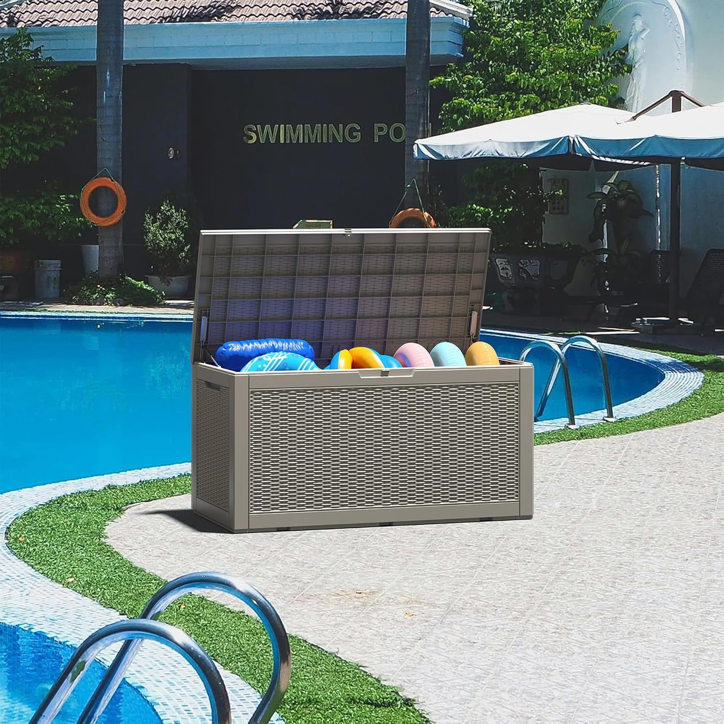 NUNU LAB Outdoor Storage Box, 45 Gallon Outside Deck Box Waterproof, Resin Outdoor Storage Cabinet With Lockable Lid, Backyard Storage Bench For Garden Tools, Patio Cushions, Pool Tools, Black