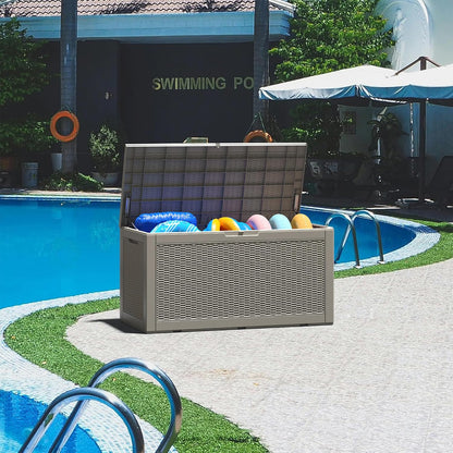 NUNU LAB Outdoor Storage Box, 45 Gallon Outside Deck Box Waterproof, Resin Outdoor Storage Cabinet With Lockable Lid, Backyard Storage Bench For Garden Tools, Patio Cushions, Pool Tools, Black
