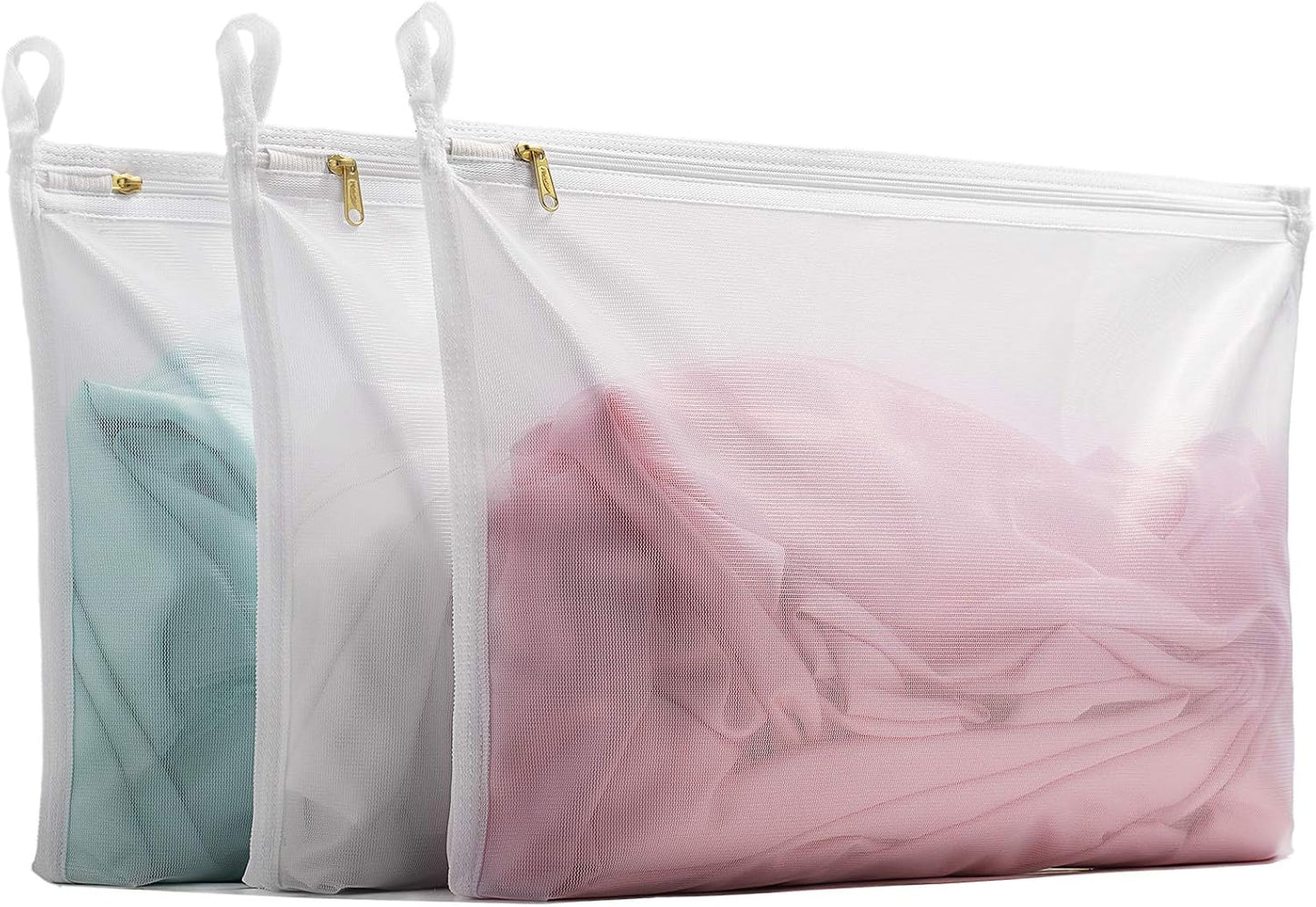 TENRAI Delicates Laundry Bags, Bra Fine Mesh Wash Bag for Underwear, Lingerie, Bra, Pantyhose, Socks, Use YKK Zipper, Have Hanger Loops,((0 Fluorescent Cloth White, 3 Medium, CQS)