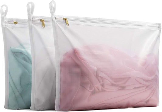 TENRAI Delicates Laundry Bags, Bra Fine Mesh Wash Bag for Underwear, Lingerie, Bra, Pantyhose, Socks, Use YKK Zipper, Have Hanger Loops,((0 Fluorescent Cloth White, 3 Medium, CQS)