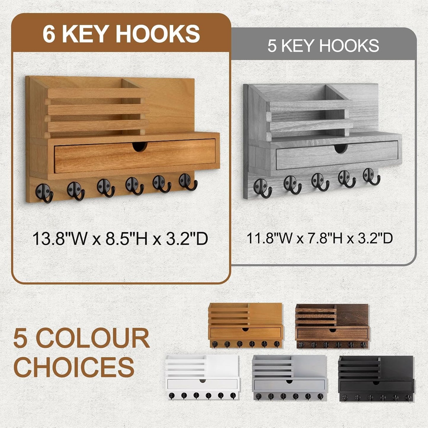 Key Holder Wall Mount, Mail Holder with Storage Drawer and 5 Key Hooks for Coat, Dog Leash, Home Decor Rack, House Accessories, Entry Way Organizer
