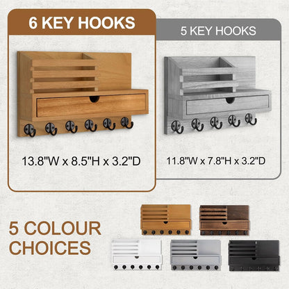 Key Holder Wall Mount, Mail Holder with Storage Drawer and 5 Key Hooks for Coat, Dog Leash, Home Decor Rack, House Accessories, Entry Way Organizer