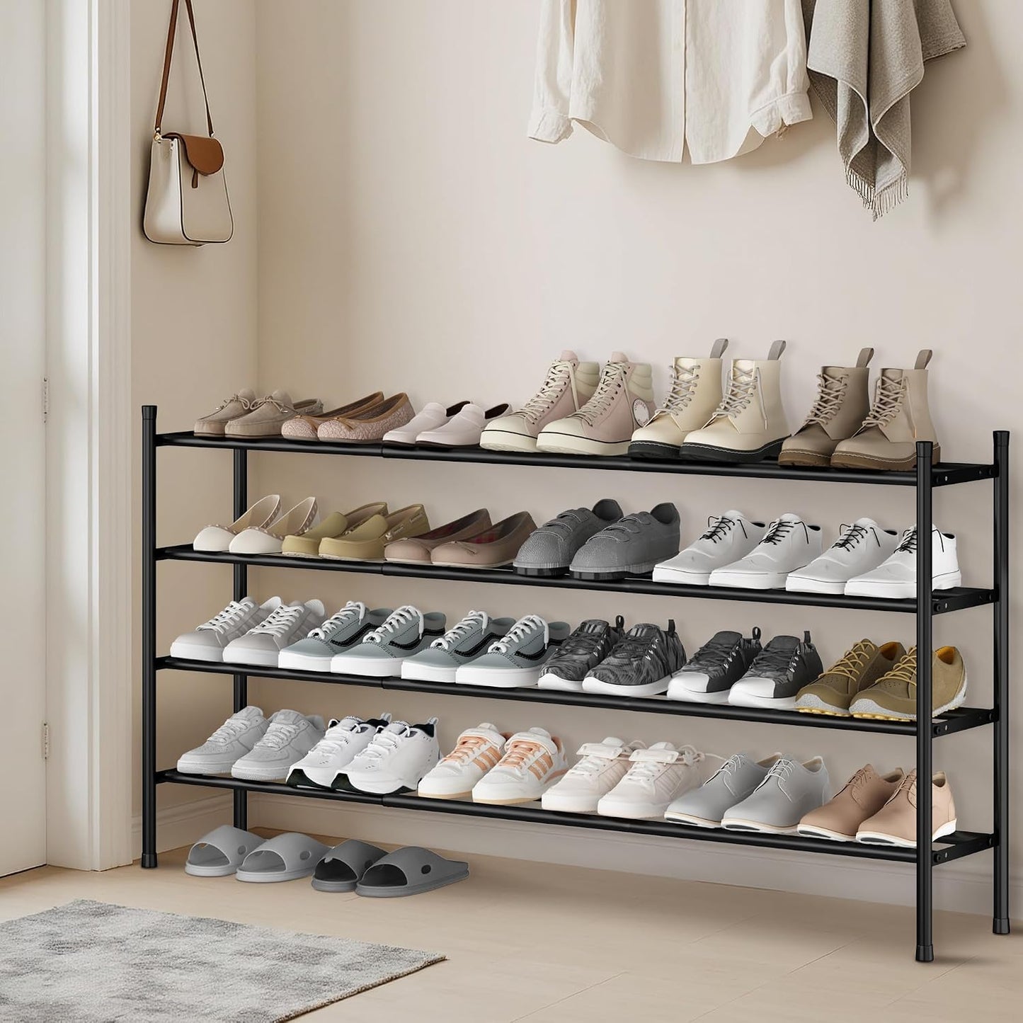 STORAGE MANIAC Long Expandable Shoe Rack, 18 Pairs Metal Wide Stackable Shoe Rack, Adjustable Shoes Shelf, Freestanding Shoes Organizer for Closet, Entryway, Hallway, Garage, Front Door, 3 Tiers