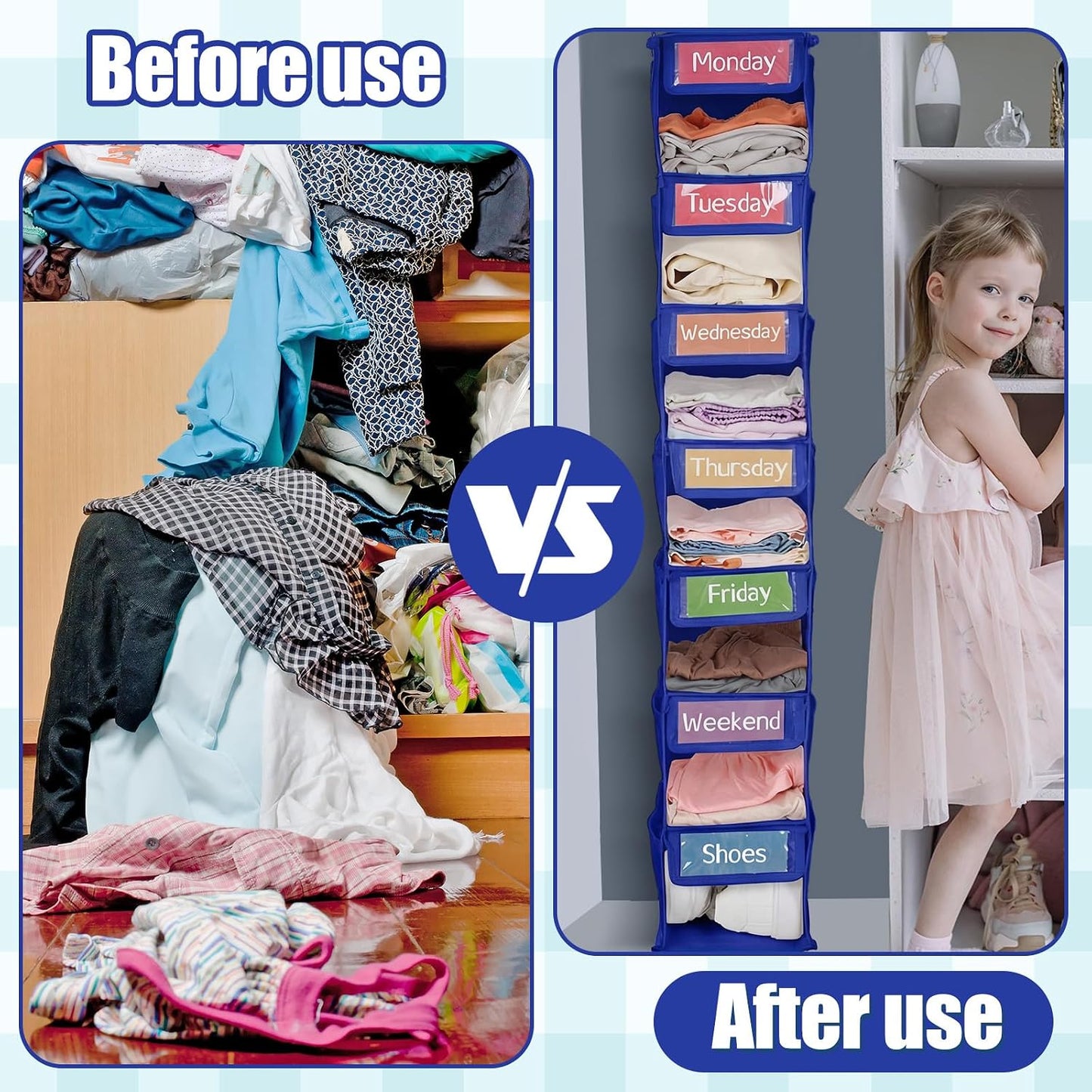 2 Pack 7 Shelf Weekly Clothes Organizer Hanging Closet for Kids with Side Pockets Weekday Shoes Rack Weekly Clothes Organizers Monday Through Weekend Foldable Storage Shelves(Black)