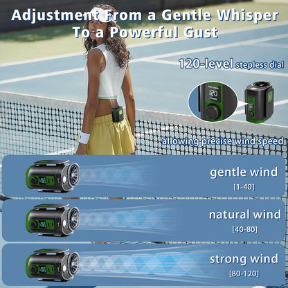 Portable Fan,120-Speed Adjustable Waist Clip Fan Turbo Cooling, Rechargeable Clip-On Personal Fan with LED flashlight,for Outdoor,Travel,Camping