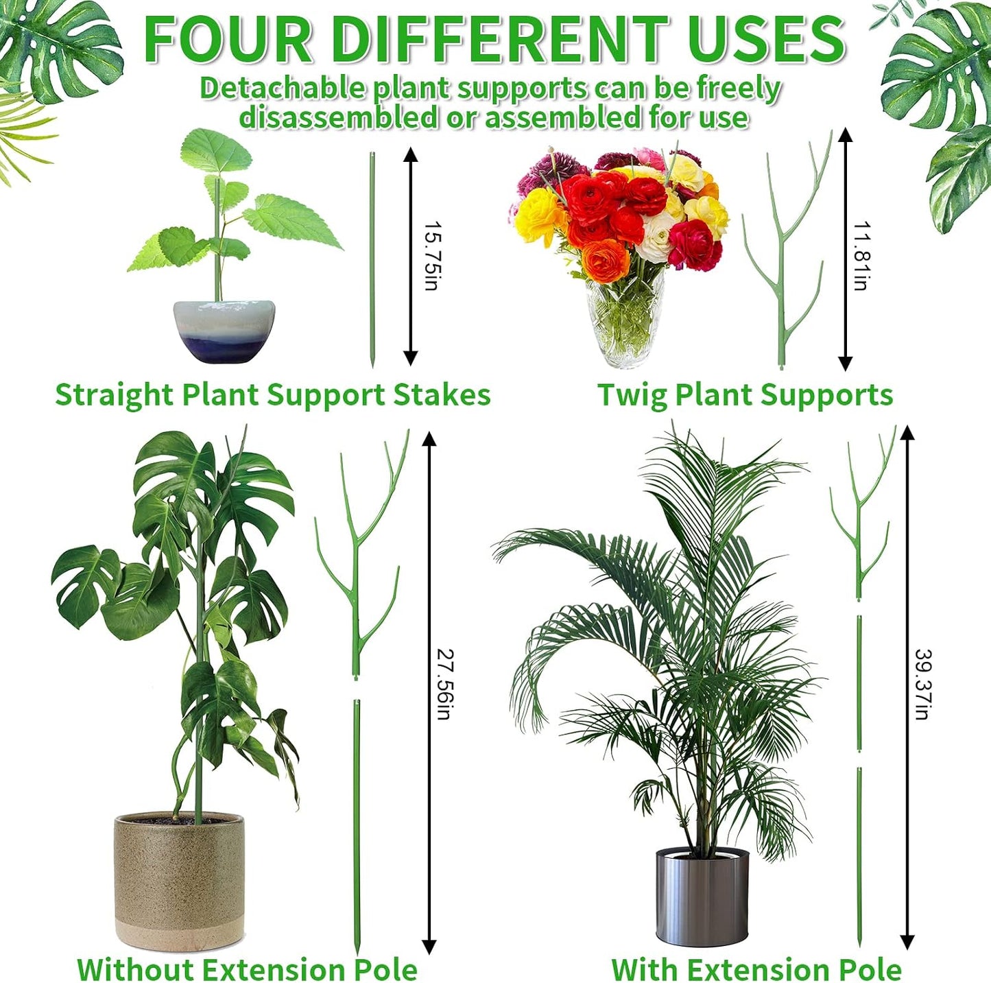 ROADPLUM 4 Pack 39.37" Detachable Twig Plant Support Stakes Set, Blends in to Plant, Branch Plant Sticks with Orchid Clips Twist Plant Ties, Twig Trellis for Indoor Outdoor Plants Potted Plants Flower