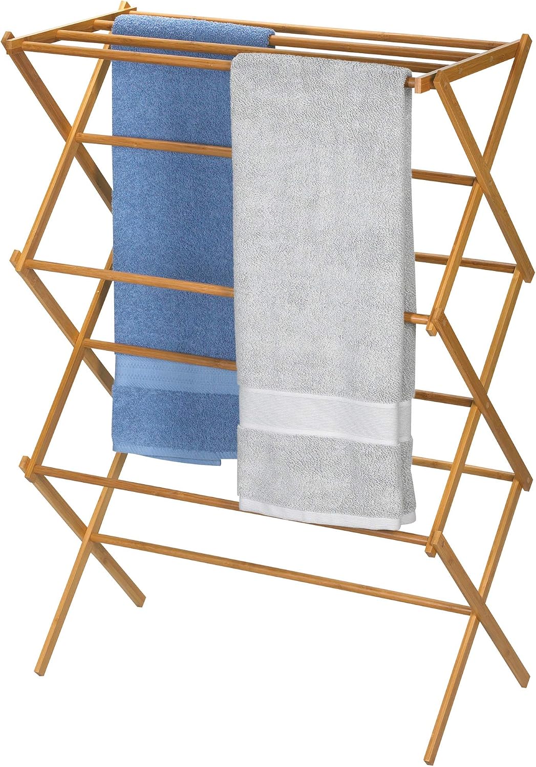 Household Essentials X-Frame Clothes Drying Rack, Stabile Wood Frame with Slanted Feet, Smooth Vinyl Wrapped Rods, 23.8 Feet of Hanging Space, Ready to Assemble, Flat Top, Natural