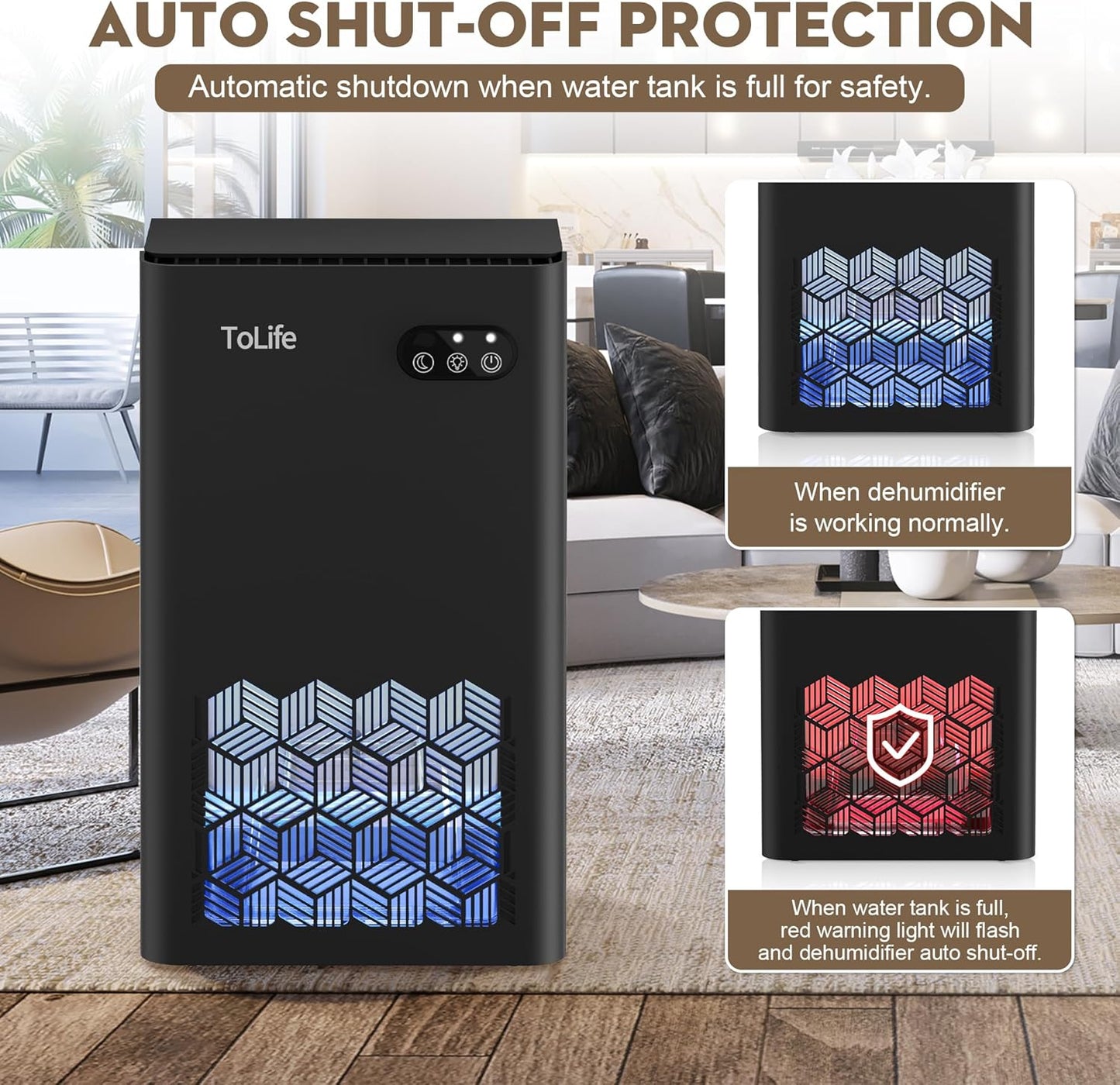 ToLife Dehumidifier for Home 95 OZ Water Tank, 1000 sq.ft Dehumidifiers for Basement Bedroom Bathroom with Auto Shut Off 7 Colors LED Light, Grey