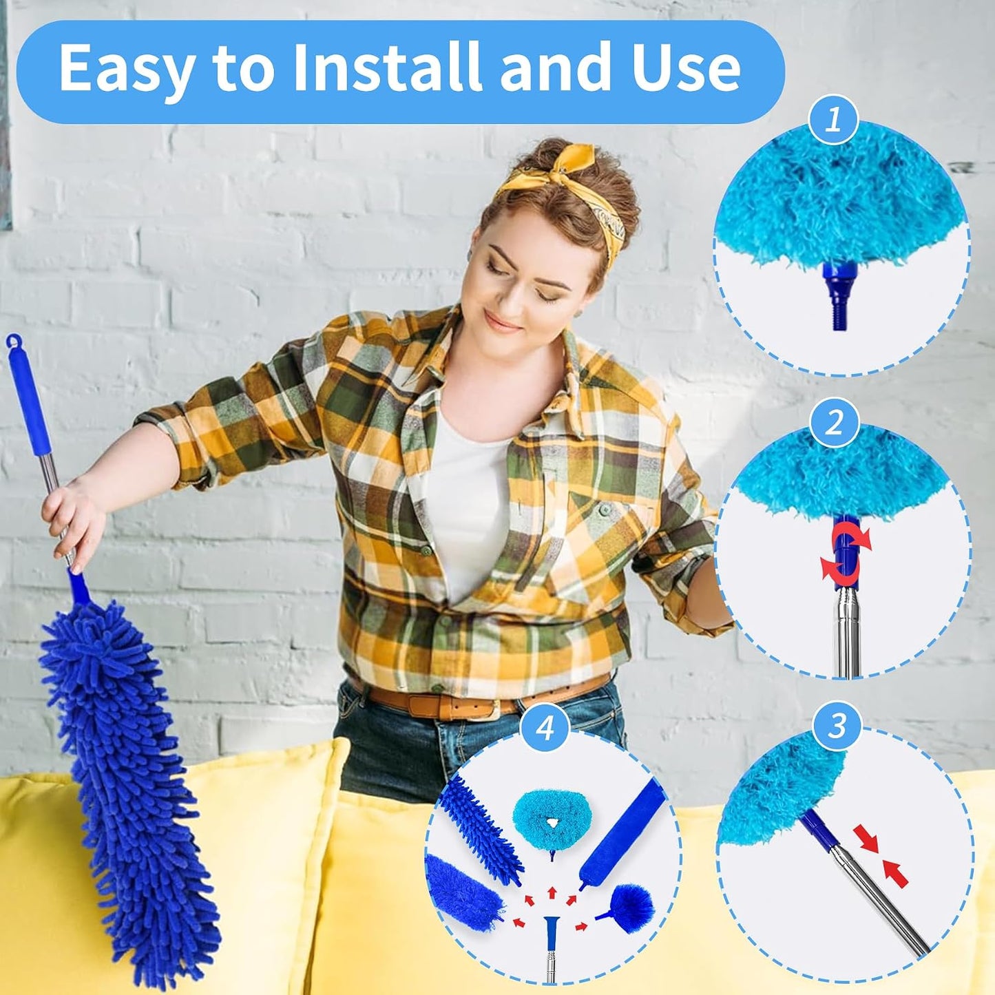 Duster with Extension Pole - Blue | 5-in-1 Kit Dusters for Cleaning, Extendable Duster with 100 Inches, Microfiber Dusters for Ceiling Fans, Furniture, Blinds