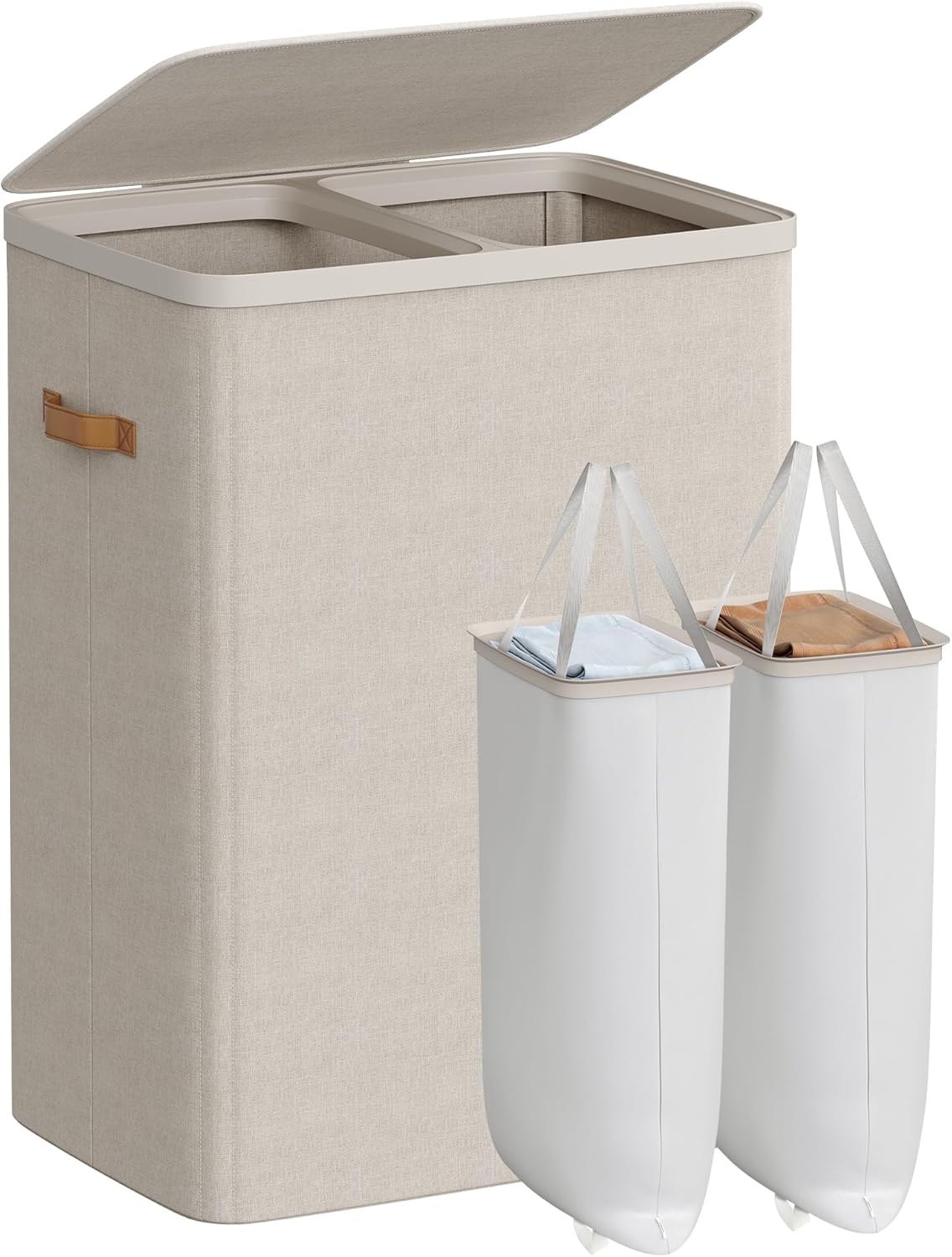 SONGMICS Laundry Basket, 50.2 Gal. Laundry Hamper, 3 Compartments, Easy Assembly, with Lid and Handles, Removable Liners, 25.2 x 15.7 x 29.5 Inches, Cappuccino Beige ULCB814LH01