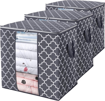 WISELIFE Storage Bags 3 Pack/100L Large Blanket Clothes Organization and Storage Containers for Comforters,Bedding, Foldable Organizer with Reinforced Handle, Clear Window, Sturdy Zippers,Gray
