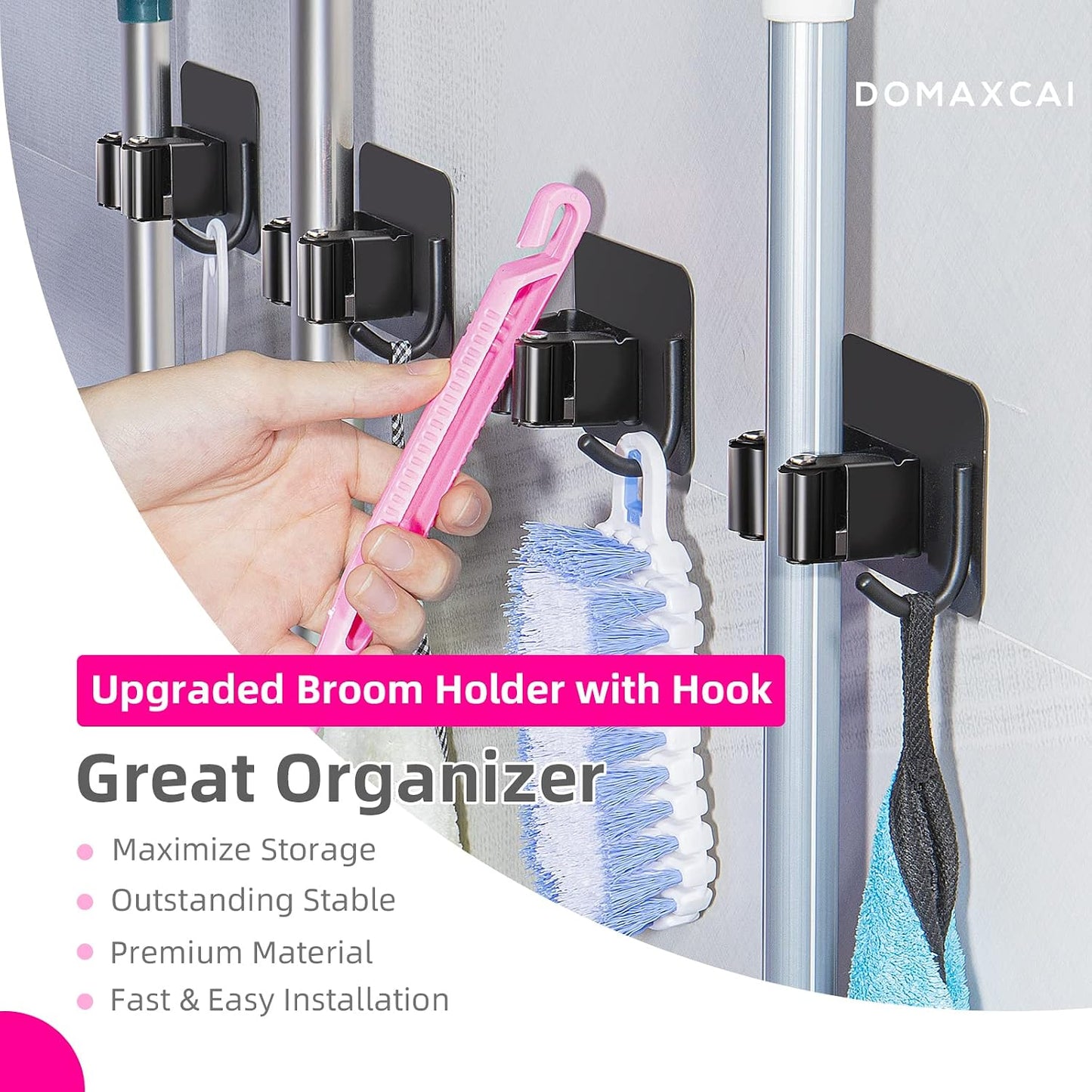 4 Pack Anti-Slip Broom Holder, Space-Saving, Damage-Free Wall Mount, Stainless Steel, Black