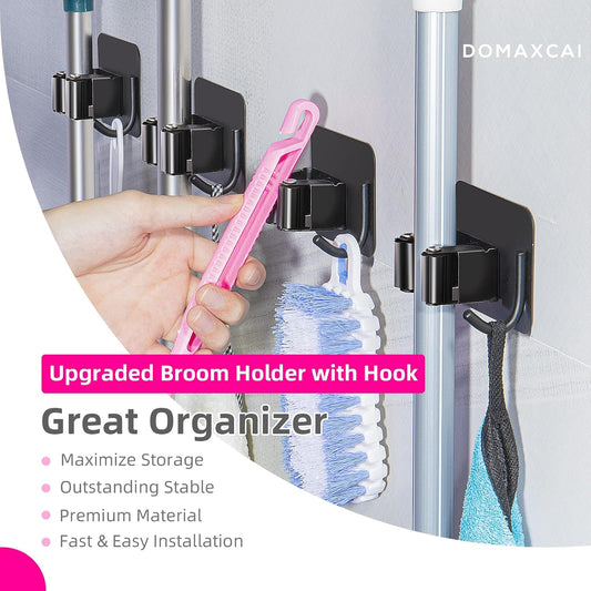 4 Pack Anti-Slip Broom Holder, Space-Saving, Damage-Free Wall Mount, Stainless Steel, Black