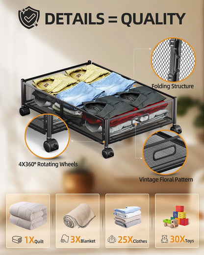 Under Bed Storage with Wheels, Foldable Metal Under Bed Storage Containers, 60L Rolling Underbed Storage, Easy Assembly Under The Bed Storage for Bedroom Clothes Shoes Blankets