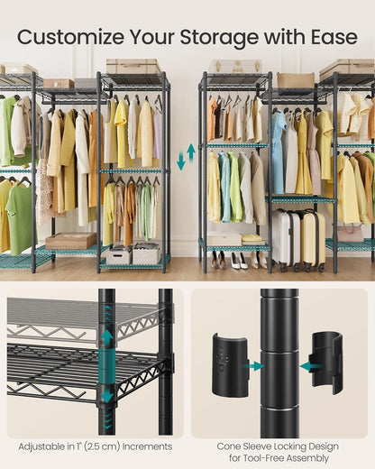 SONGMICS Heavy-Duty Clothes Rack, Garment Rack, Portable Closet, 68.7-Inch Wide Clothing Rack with Adjustable Mesh Shelves and Hanging Rails, Ink Black ULGR433B01