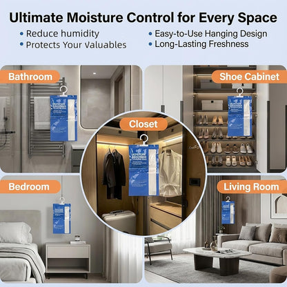 RAINFLOW Dehumidifier Bags Hanging Moisture Absorbers - 4 Packs Dehumidifiers for Home Closet Bathroom Basement, Hanging Bag Desiccant Packs for Bedroom RV Camper, Odor Absorber Household Essentials