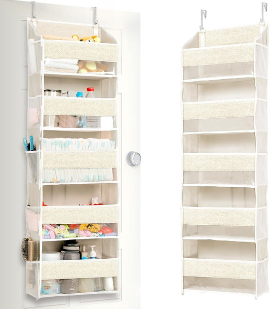 ULG 1 Pack Over Door Organizer with 5 Large Pockets 10 Mesh Side Pockets, Upgraded Linen Texture Over The Door Storage, 44 lbs Weight Capacity Hanging Storage Organizer, Ivory