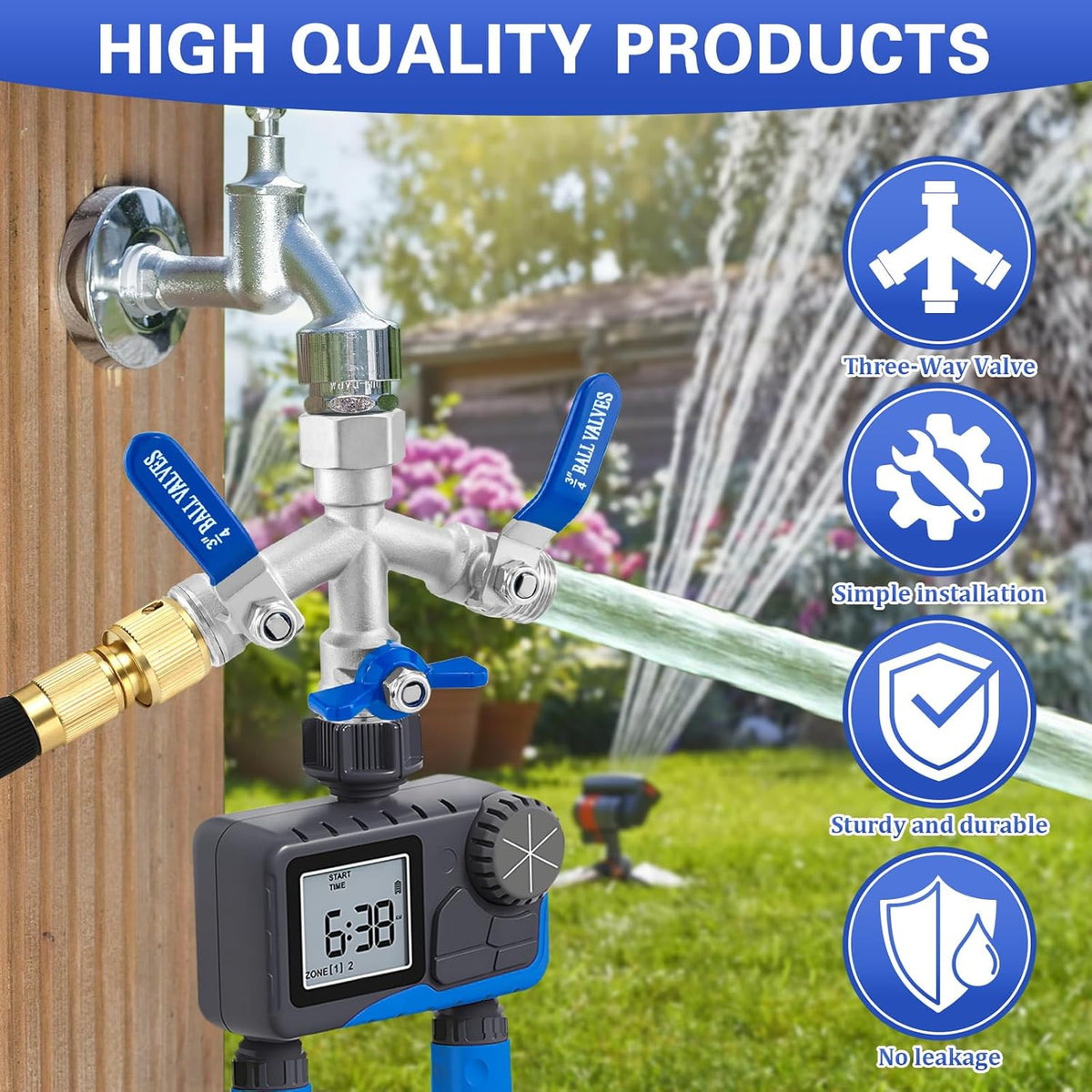 Garden Hose Splitter, 304 Stainless Steel 2 Way Hose Splitter with Long Handle, Heavy Duty Hose Y Spigot Splitter with Shutoff Valves, 3/4" GHT Thread Outdoor Faucet Splitter