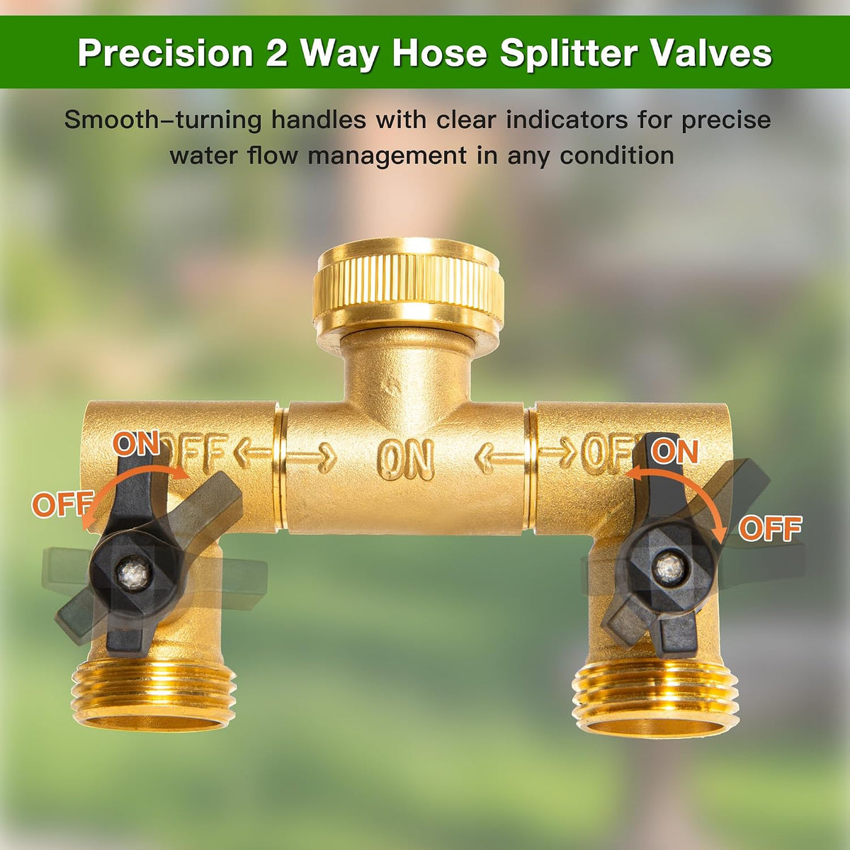 360° Swivel Garden Hose Splitter 2 Way, Solid Brass Water Hose Splitter with Dual Shutoff Valves, 3/4" GHT Thread Leak-Proof Hose Connector for Outdoor Faucet Lawn, Irrigation & Washing