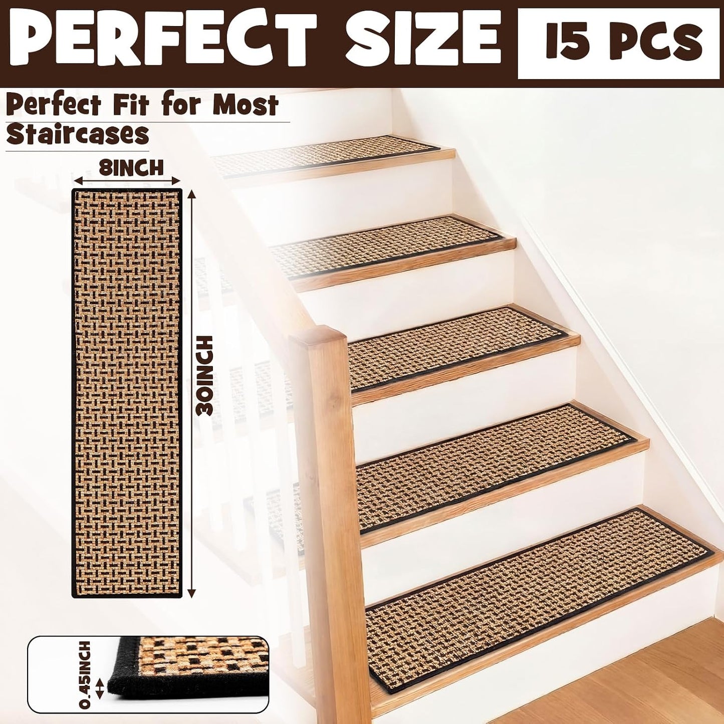 Dunzy 15 Pack Neutral Stair Treads for Wooden Step Self-adhesive Woven Stair Treads Indoor 8x30'' Non-slip Step Carpet Machine Washable Runner Safety Rug Mat for Carpet Elders Pets(Black Coffee Color)