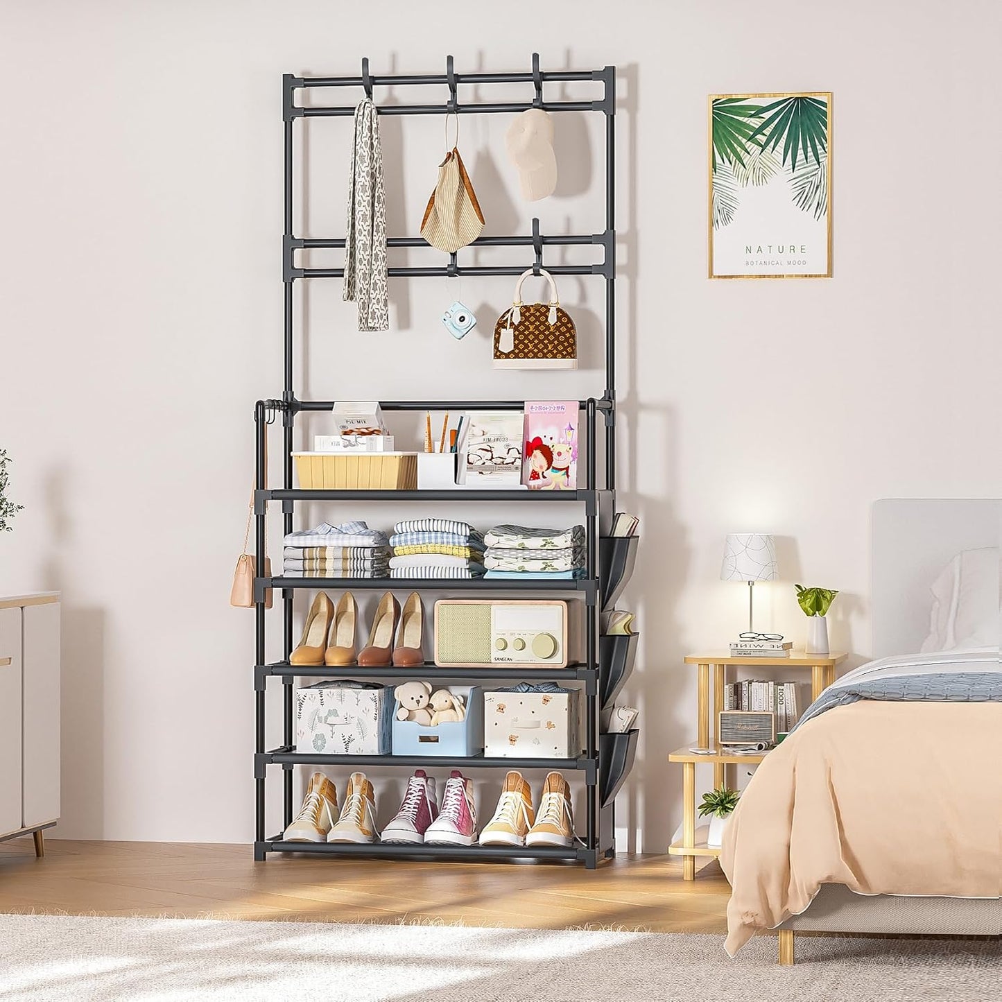 OYREL Shoe Rack 5 Tier Shoe Organizer Storage 15-20 Pairs Shoes Rack for Closet Entrance Shoe Rack Organizer with Hooks and Side Pocket Entryway Shoe Holder Space Saving Free Standing Shoe Racks
