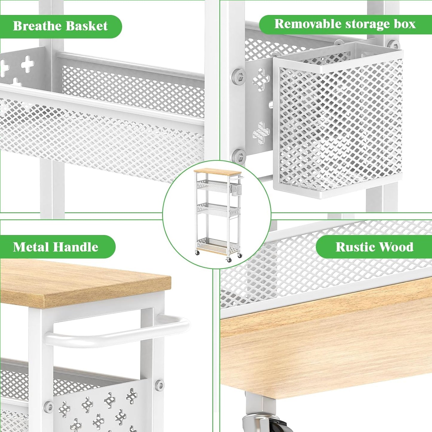 4 Tier Slim Rolling Storage Cart, Laundry Room Cart on Wheels, Small Metal Bathroom Cart Kitchen Organizer Trolley with Handle and Mesh Basket, 7.1 inch Width for Narrow Space, Black