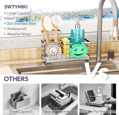 SWTYMIKI Sponge Holder for Kitchen Sink - Sink Caddy with Brush Holder and Stainless Steel Self Drain Tray, Sponge Caddy Organizer with Divider Kitchen Accessories Storage for Countertop, Black