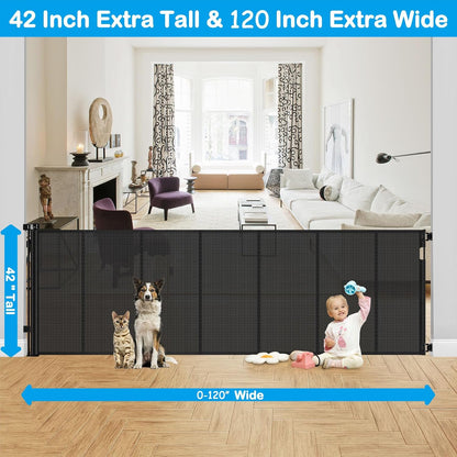 42 Inch Extra Tall Retractable Baby Gates with Reinforced Strips 55 Inch Wide Outdoor Retractable Dog Gate No Sag Extra Tall Baby Gate for Doorway Anti-Scratch Mesh Gates for Kids or Pets, White