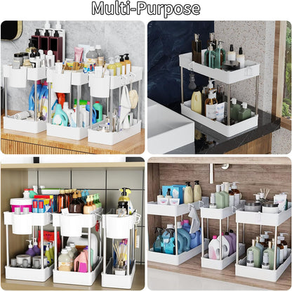 3 Pack Under Sink Organizer Bathroom and Storage Cabinet (White) | 2 Tier with Hanging Cups for Kitchen
