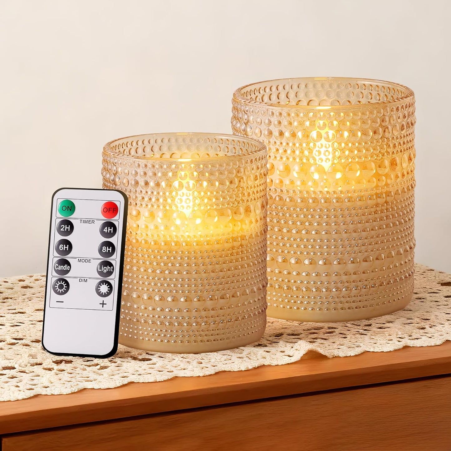Dotted Glass Flameless Candles with Remote Timer, Real Wax Battery Operated LED Pillar Candles with 3D Flickering Flame for Festival Wedding Home Party Decor, 3" x 4", 4" x 5", Set of 2 (White)