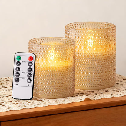 Dotted Glass Flameless Candles with Remote Timer, Real Wax Battery Operated LED Pillar Candles with 3D Flickering Flame for Festival Wedding Home Party Decor, 3" x 4", 4" x 5", Set of 2 (White)
