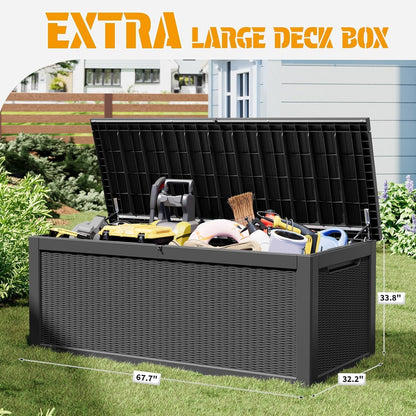 NUNU LAB Outdoor Storage Box, 45 Gallon Outside Deck Box Waterproof, Resin Outdoor Storage Cabinet With Lockable Lid, Backyard Storage Bench For Garden Tools, Patio Cushions, Pool Tools, Black