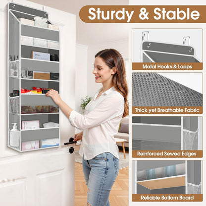 WISELIFE Over The Door Organizer Storage with 4 Large Pockets Door Hanging Organizer with Clear Windows behind The Door Storage for Nursery Bedroom Bathroom Pantry Closet and Baby Essentials Dark Grey