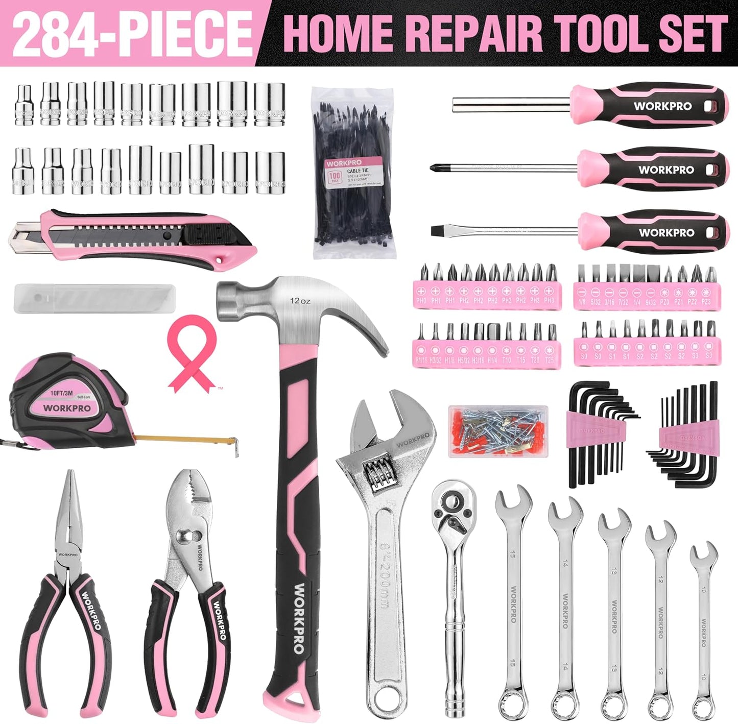 WORKPRO Pink Tool Set, 258 PCS Tool Kit for Women, Basic Household Case with Hammer, Screwdriver Set, Portable for Home Repair, New Apartment, House-Warming, DIY - Pink Ribbon