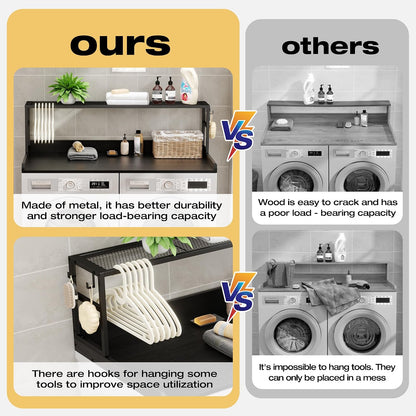 Washer Dryer Countertop with Shelf, Washer Dryer Topper, Solid Wood Washers and Dryers Countertop, 54" Width x 27.5" Depth Laundry Countertop for Laundry Room Organization and Storage, Black