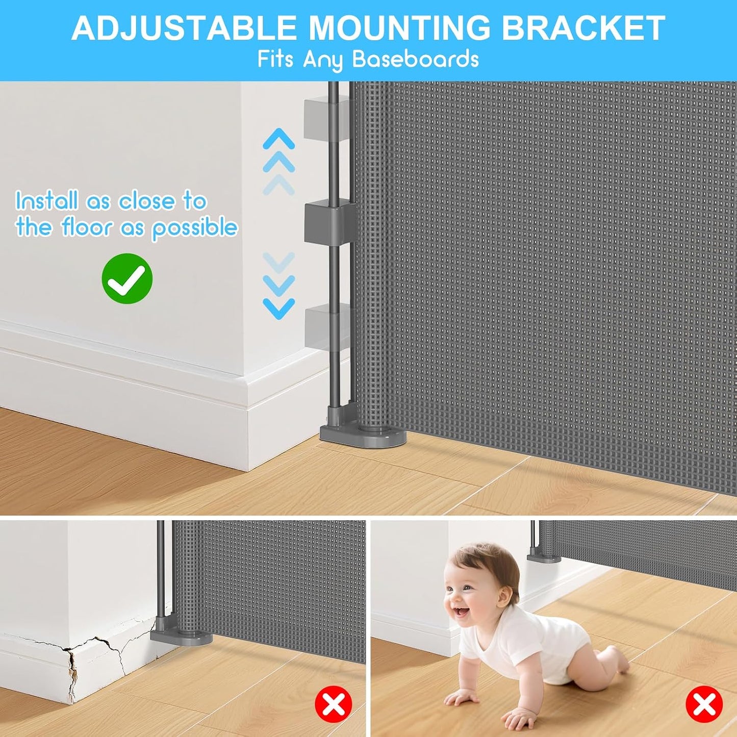 71 inch Retractable Baby Gates, EZIGO Extra Wide Baby Gate for Large Opening Extra Long Mesh Gate for Kids or Pet Dog Gate Child Safety Gate for Stairs Hallways Doorway Indoor Outdoor, Gray