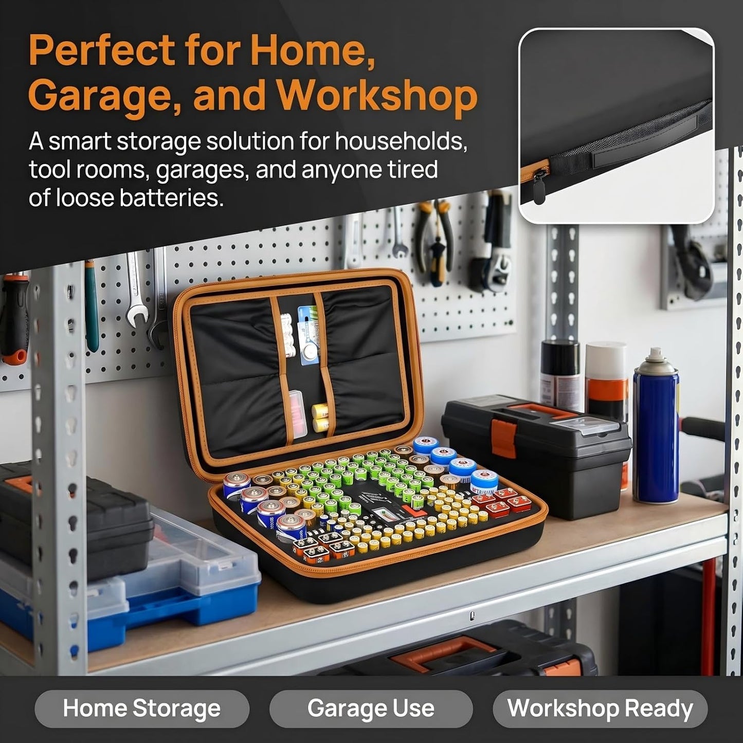 Comecase Battery Storage Case with Tester, Holds 148+ AA AAA C D 9V, Black | Hard-Shell Design, Carry Handle and Custom Foam Slots Keep Batteries Visible, Separated and Ready for Home, Garage or Office