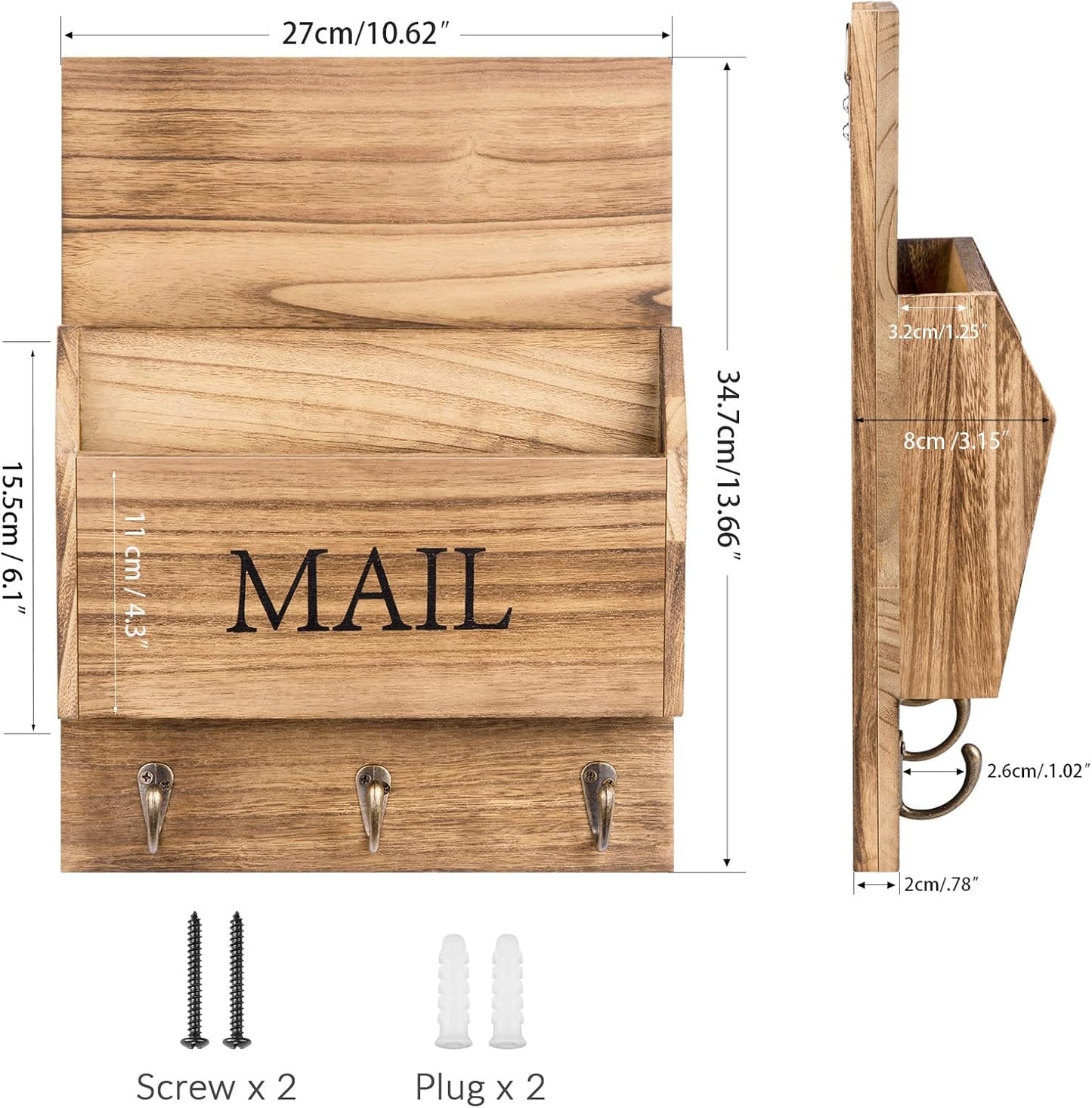 DLQuarts Mail Organizer with Key Holder for Wall, Mail Sorter Wall Mounted, Decorative Wooden Key and Mail Holder with 3 Hooks, Black