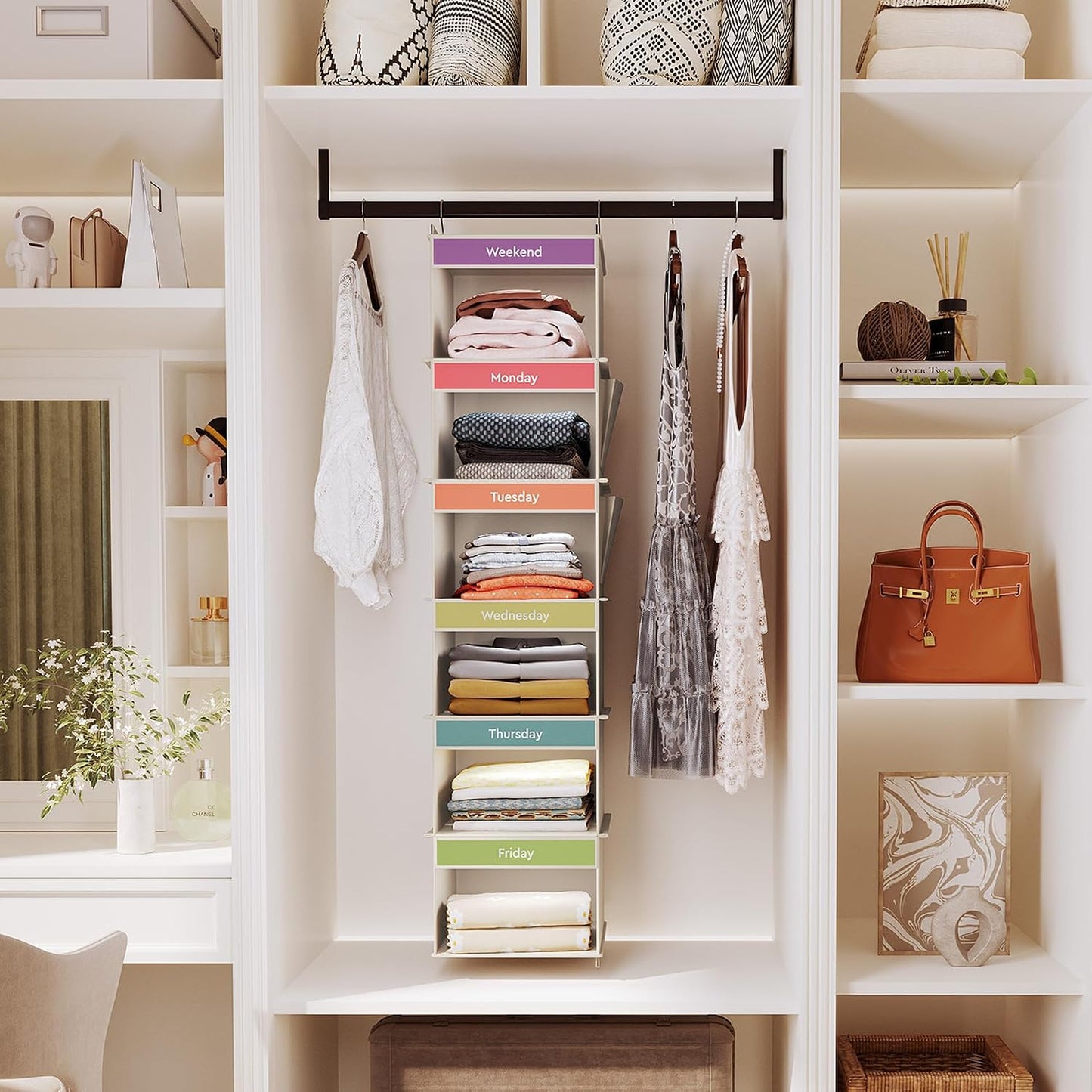 YOUDENOVA 6-Shelf Weekly Hanging Closet Organizer, Weekly Clothes Organizers for Kids with 2 Side Pockets, Pink