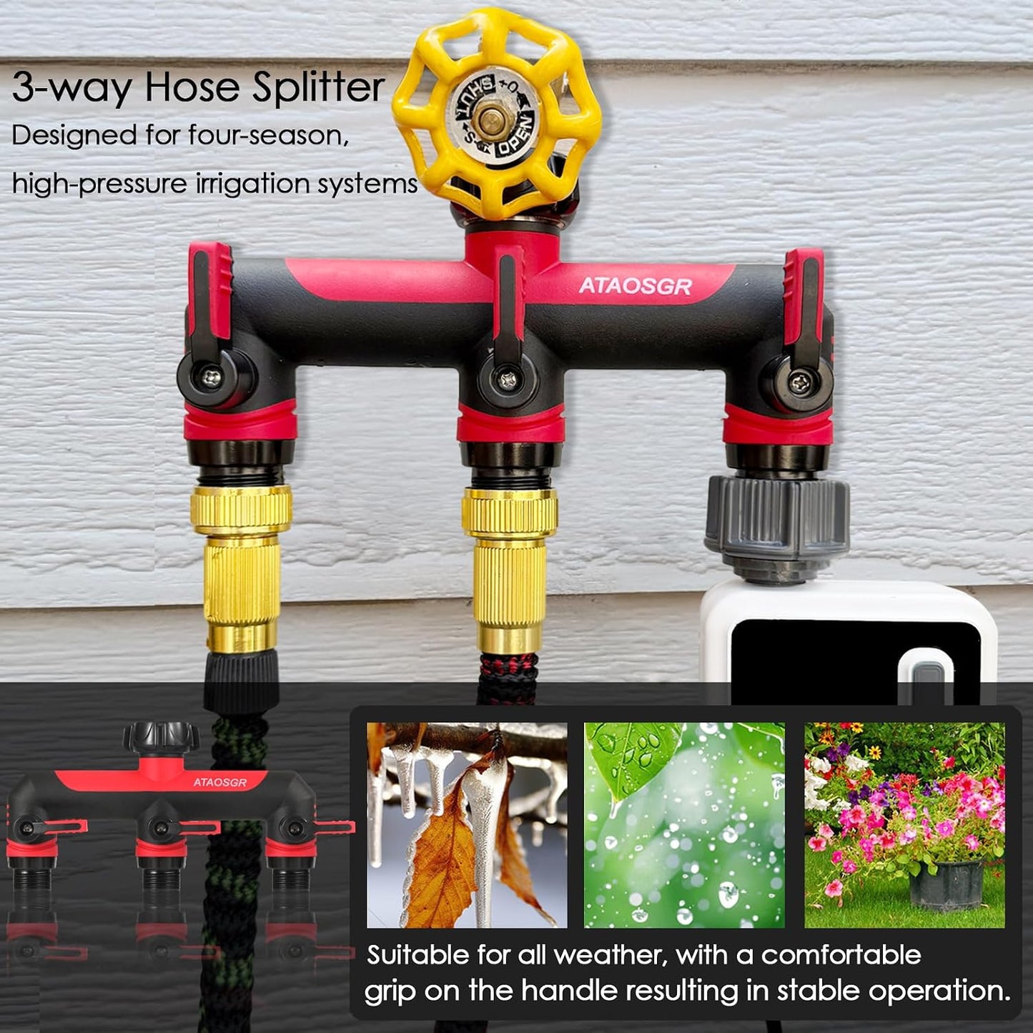 ATAOSGRGarden Hose Splitter 3 Way, 3/4" Outdoor Faucet Splitter, Tap Connector with On/Off Valves and Extended Handle, Tap Adapter Garden Hose Connector for Garden Outdoor Home - Greens