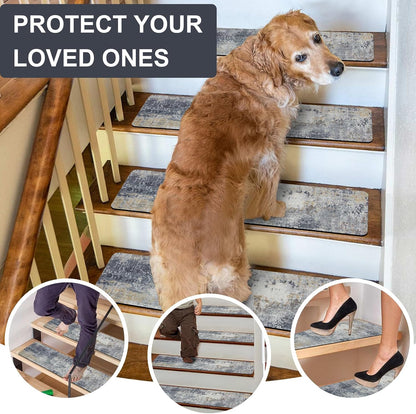 Tiveney Stair Treads Non Slip for Wooden Steps, 15PCS 8"x30" Grey Rubber Backing Stair Runner Mats, Washable Reusable Carpet for Stairs Rugs Indoor Safety Staircase Step Treads for Kids Elders Dogs