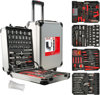515 PCS General Household Tool Kit Aluminum Trolley Case Tool Set for Men | 4-Drawer Hand Tool Set for Home Repair, Car, Garage, Maintenance, Auto Repair Toolbox with Wheel