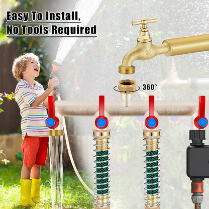 Upgraded Brass Garden Hose Splitter, 3/4" Hose Splitter 2 Way Heavy Duty with Extension Handles, Outdoor Faucet Splitter Water Spigot Splitter with Individual On/Off Valve