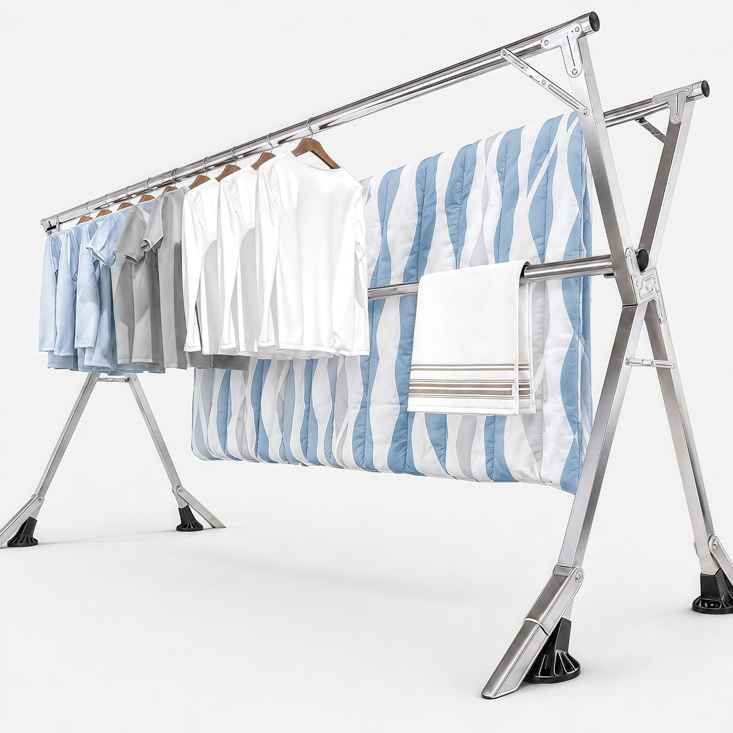 95 Inch Windproof Clothes Drying Rack, Heavy Duty Stainless Steel Folding Laundry Drying Rack for Indoor Outdoor Use, Collapsible Clothes Rack with 20 Hooks & 12 Clips
